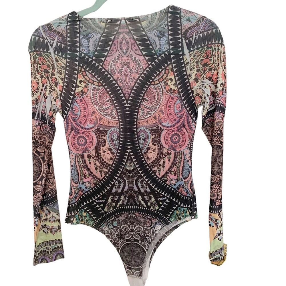 Fashion Nova Kaleidoscope Paisley Print Long Sleeve Mesh Body Suit Small - Picture 2 of 5